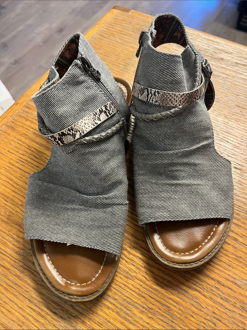 Blowfish Malibu Women’s Grey Open-Toe Slingback Sandals with Snake-Print Accent